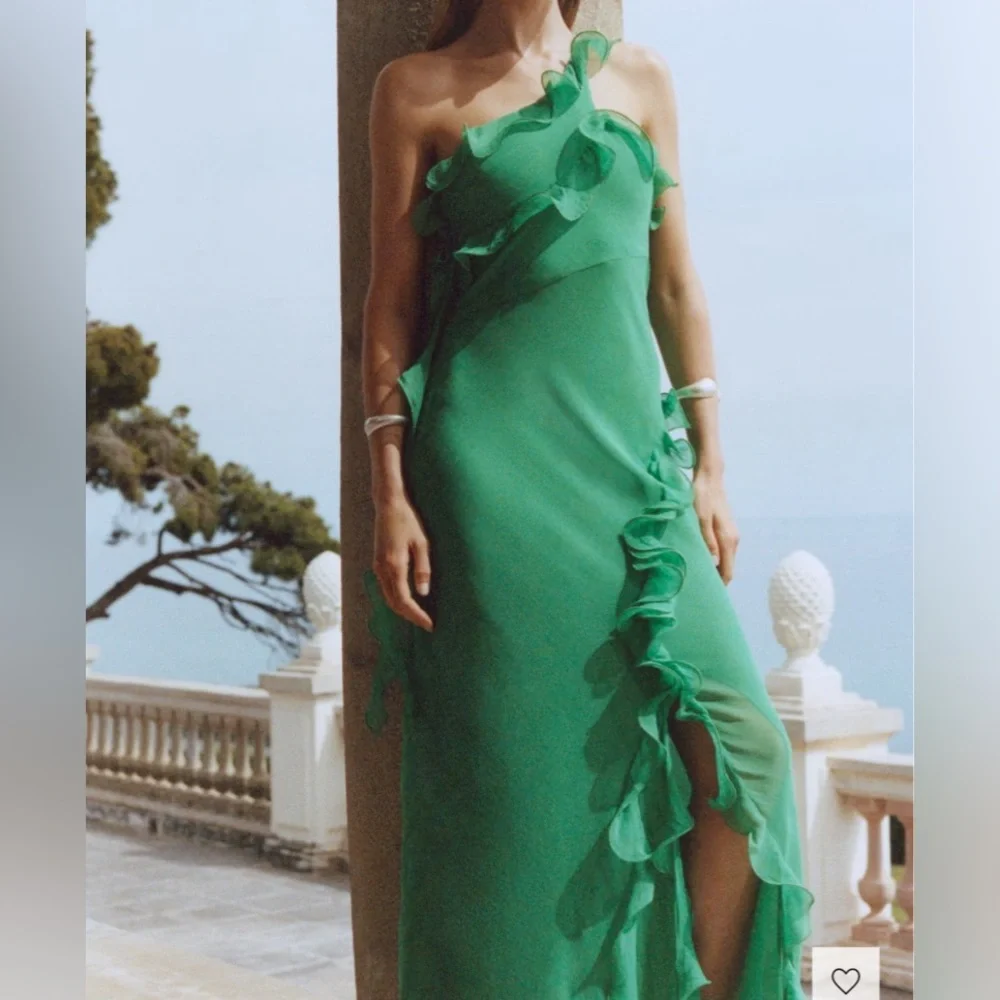 Mango Ruffled Green One-Shoulder Gown - Picture 7 of 9